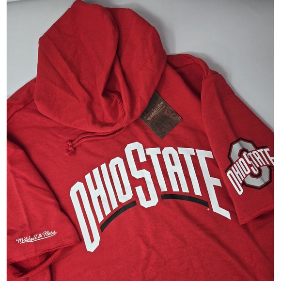 Ohio State Buckeyes Hoodie Mens XL Mitchell & Ness Red Spellout Short Sleeve - Picture 1 of 10